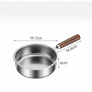 Dimension infographic diagram of stainless steel Yukihira saucepan showing size specification, isolated on white background. KL-KA-GAD-030