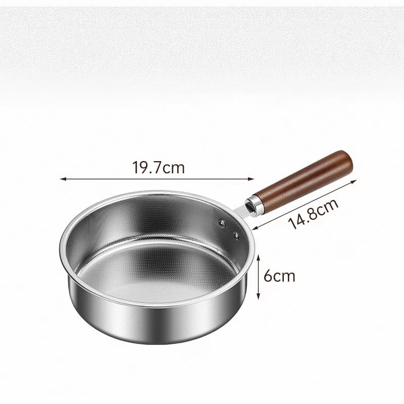 Dimension infographic diagram of stainless steel Yukihira saucepan showing size specification, isolated on white background. KL-KA-GAD-030