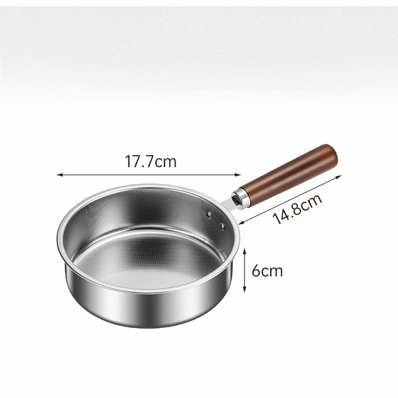 Infographic diagram of stainless steel Yukihira saucepan showing size measurements, isolated on white background. KL-KA-GAD-030