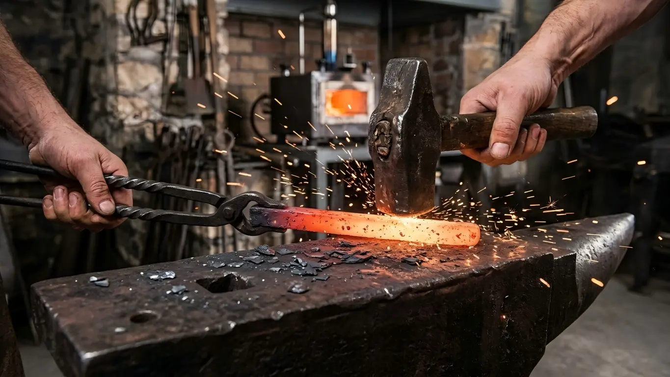 Blacksmith forging red-hot knife steel with a hammer on an anvil, showing professional manufacturing craft.