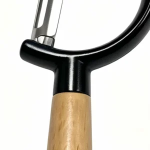 Glossy black zinc alloy frame neck joint and natural beech wood handle connection isolated on white background, KL-KA-PL-002.