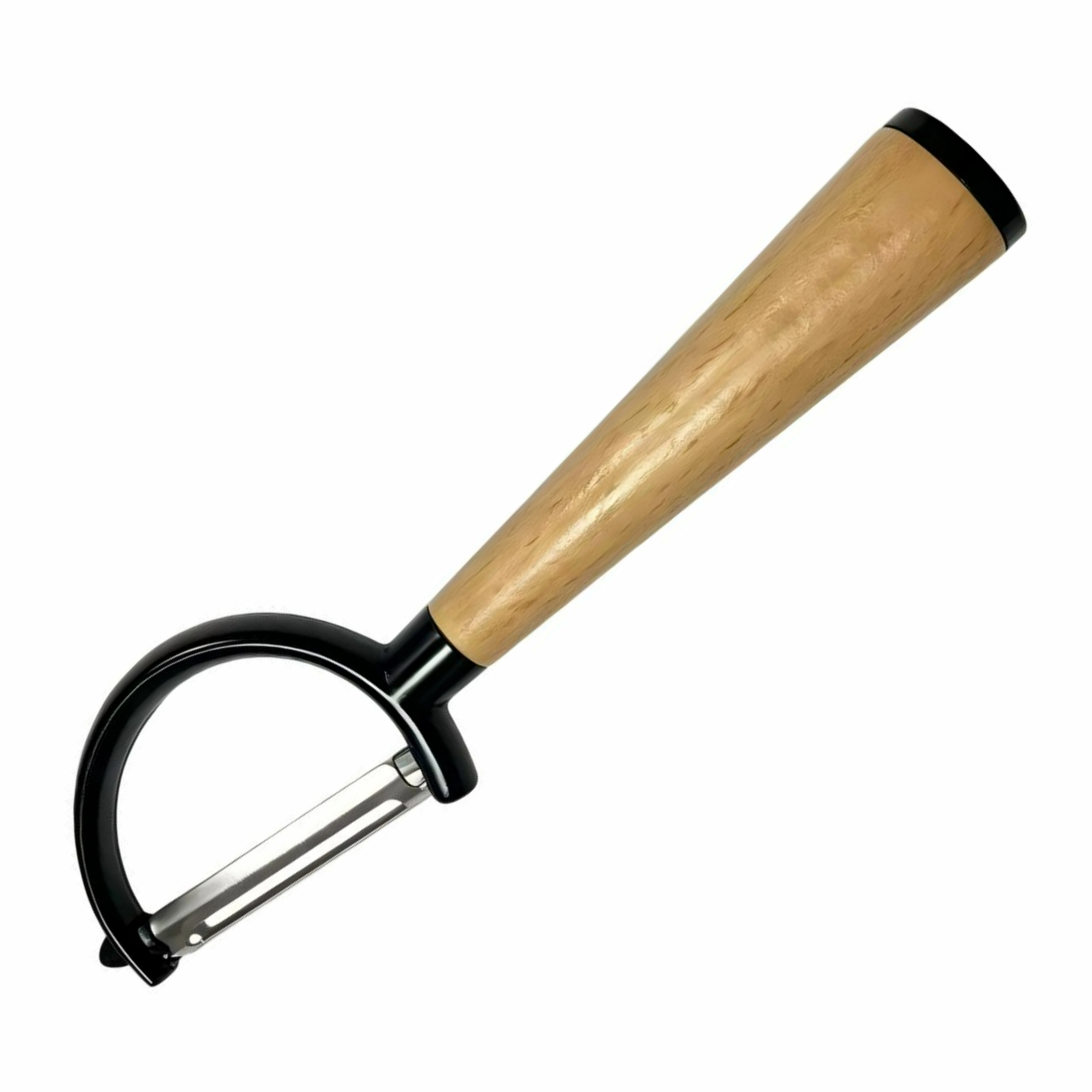 Straight swivel vegetable peeler with beech wood handle shown at a 45-degree angle isolated on white background, KL-KA-PL-002.