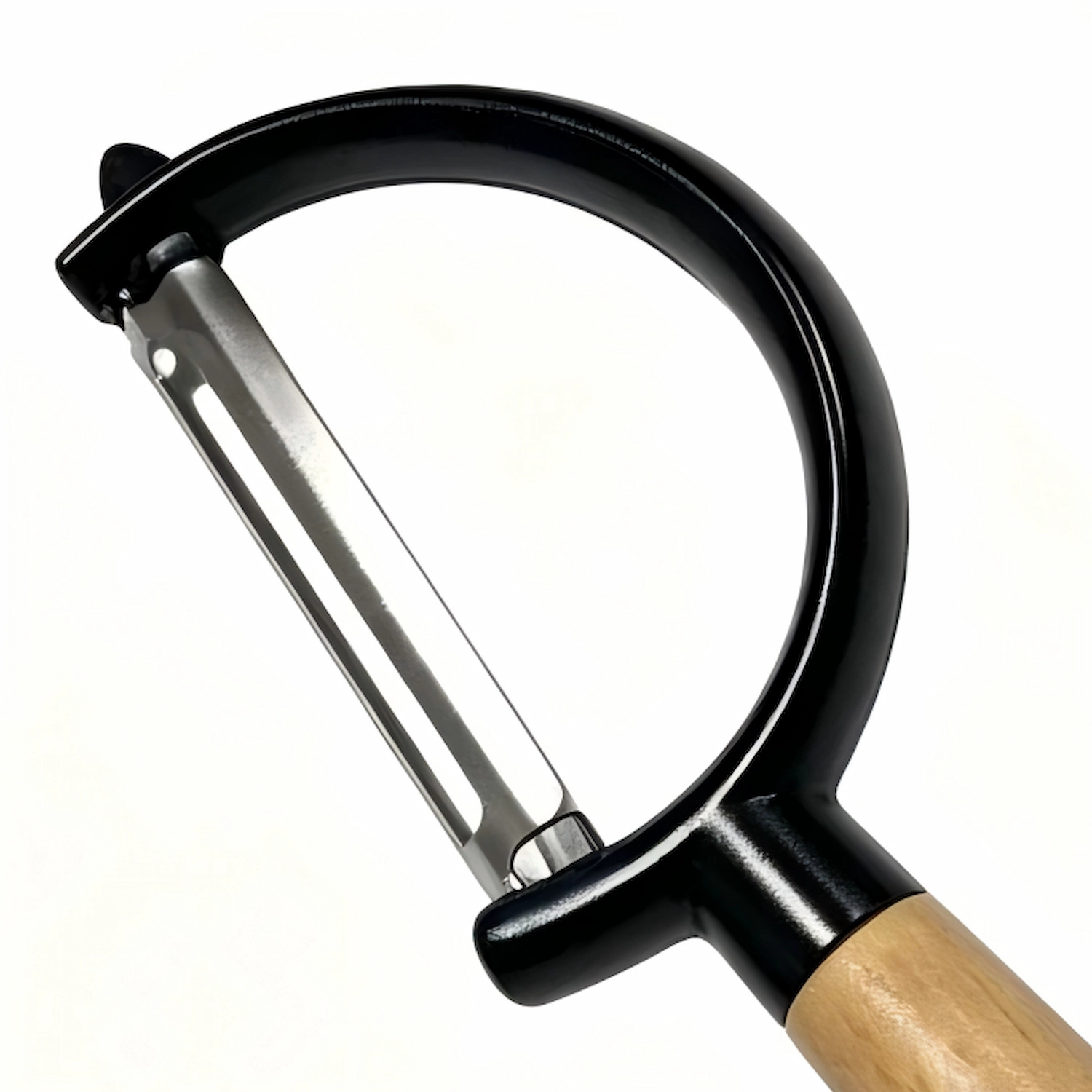 Polished stainless steel swivel blade and durable black frame head isolated on white background, KL-KA-PL-002.