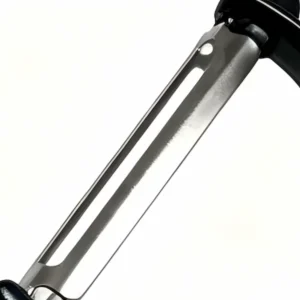 Sharp polished stainless steel swivel peeling blade close up view isolated on white background, KL-KA-PL-002.