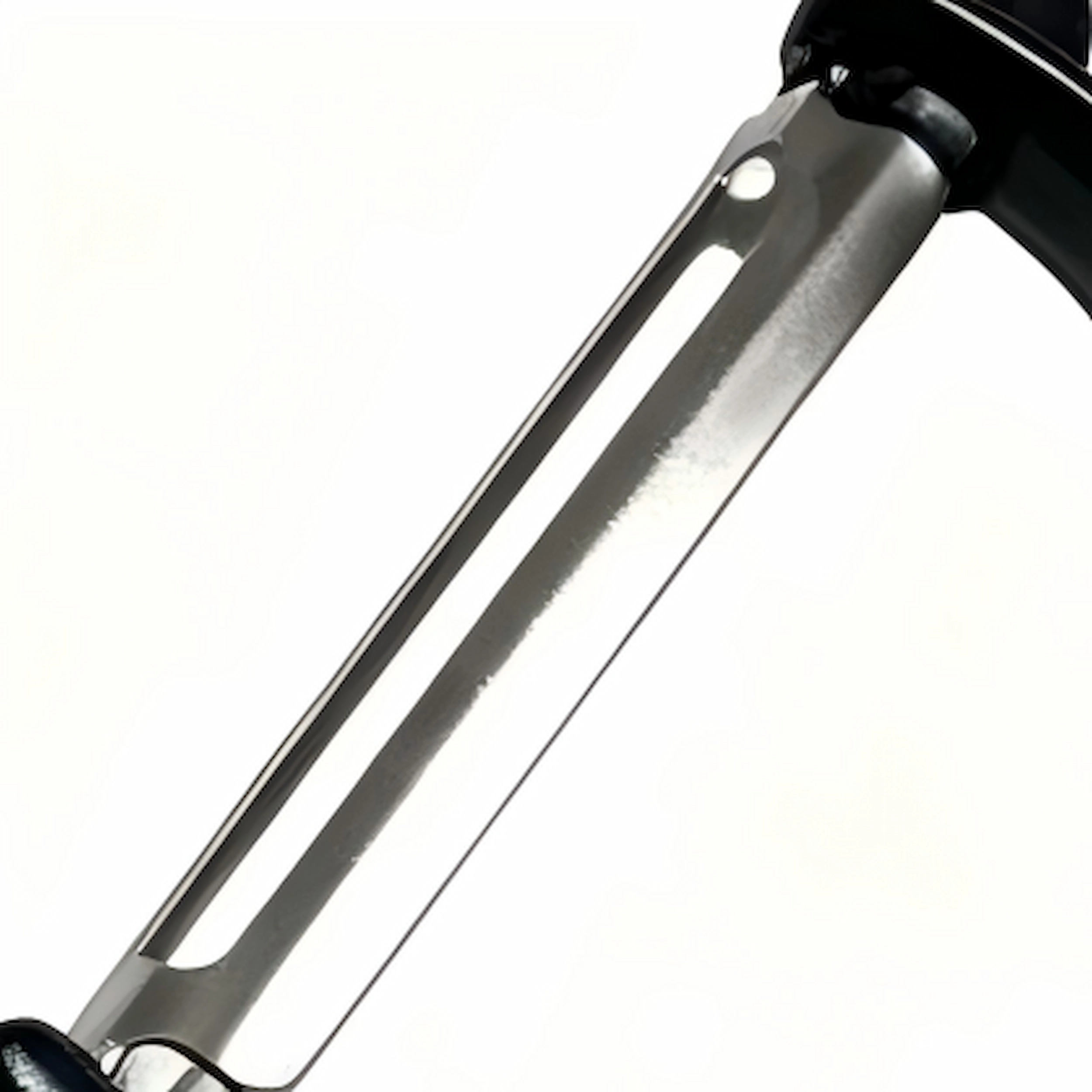 Sharp polished stainless steel swivel peeling blade close up view isolated on white background, KL-KA-PL-002.