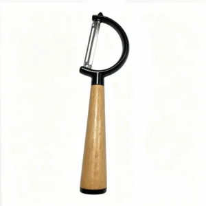Straight swivel vegetable peeler with stainless steel blade and beech wood handle isolated on white background, KL-KA-PL-002.