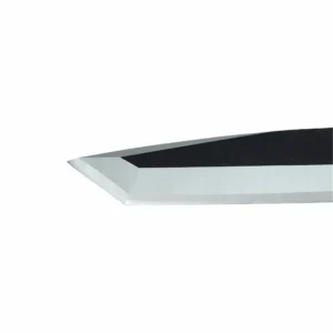 Close-up view of a two-tone black oxide and satin fixed blade isolated on white background. SKU: KL-OD-SS-030.