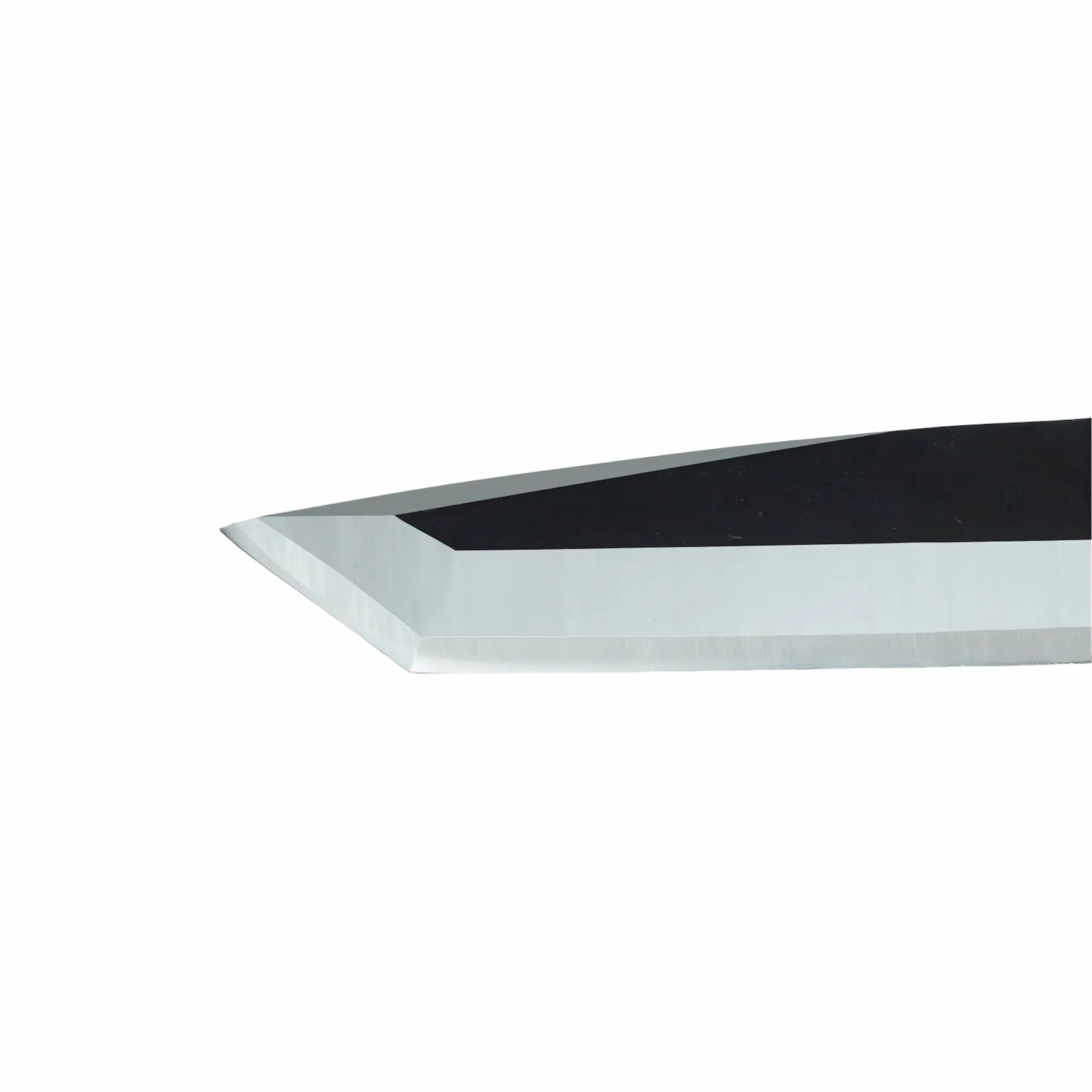 Close-up view of a two-tone black oxide and satin fixed blade isolated on white background. SKU: KL-OD-SS-030.