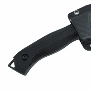 Close-up view of the textured black G10 handle and carbon fiber pattern Kydex sheath isolated on white background. SKU: KL-OD-SS-030.