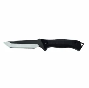 Tactical stainless steel fixed blade hunting knife with black G10 handle isolated on white background. SKU: KL-OD-SS-030.