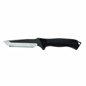 Tactical stainless steel fixed blade hunting knife with black G10 handle isolated on white background. SKU: KL-OD-SS-030.