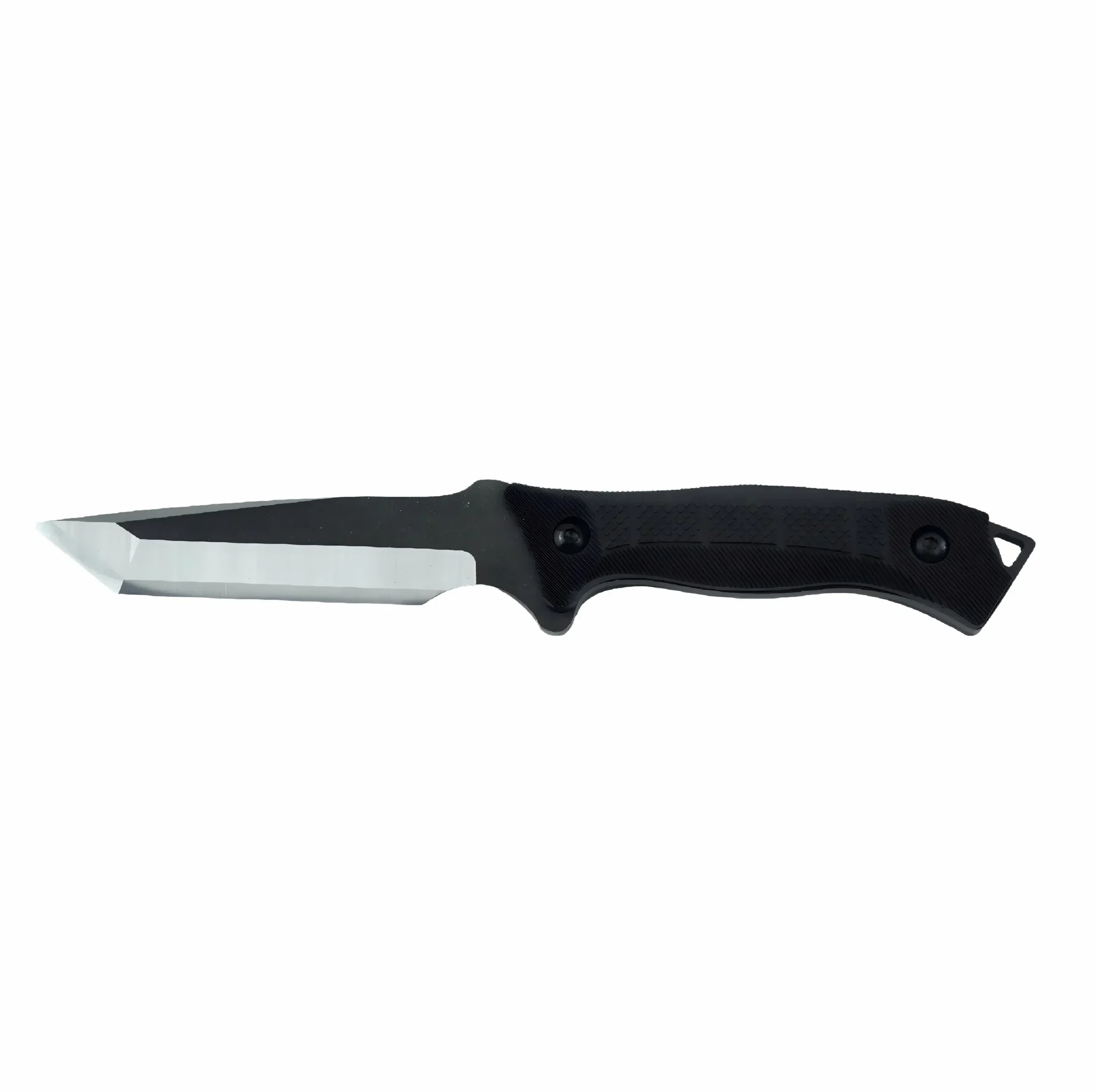 Tactical stainless steel fixed blade hunting knife with black G10 handle isolated on white background. SKU: KL-OD-SS-030.