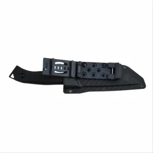 Back view of tactical fixed blade knife inside carbon fiber pattern Kydex sheath with belt clip isolated on white background. SKU: KL-OD-SS-030.