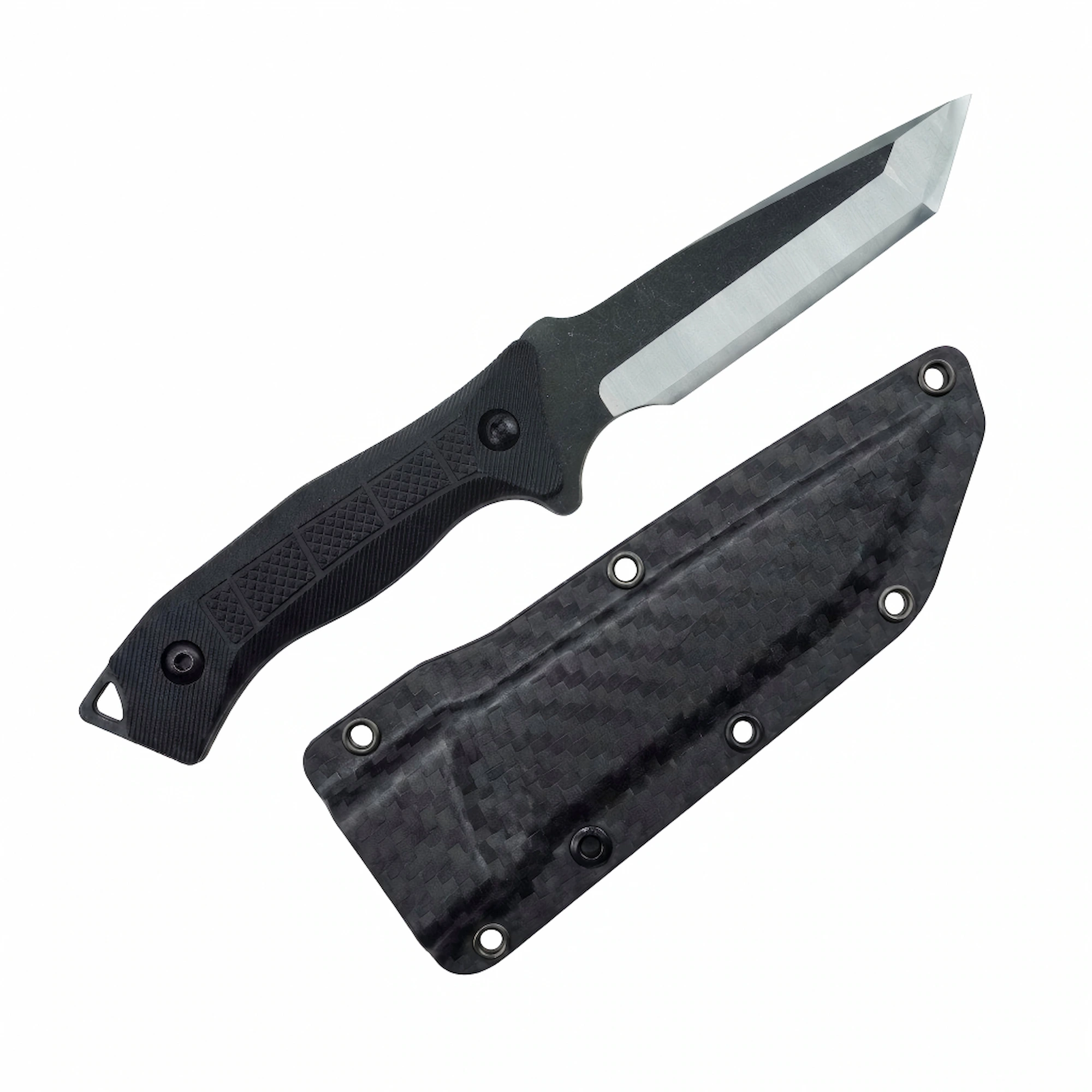 Tactical stainless steel fixed blade hunting knife shown alongside carbon fiber pattern Kydex sheath isolated on white background. SKU: KL-OD-SS-030.