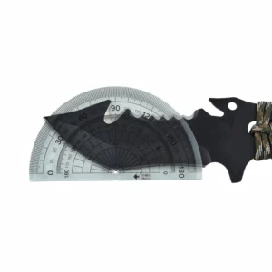 Tactical fixed blade tanto knife with protractor blade angle measurement isolated on white background. SKU: KL-OD-TI-007