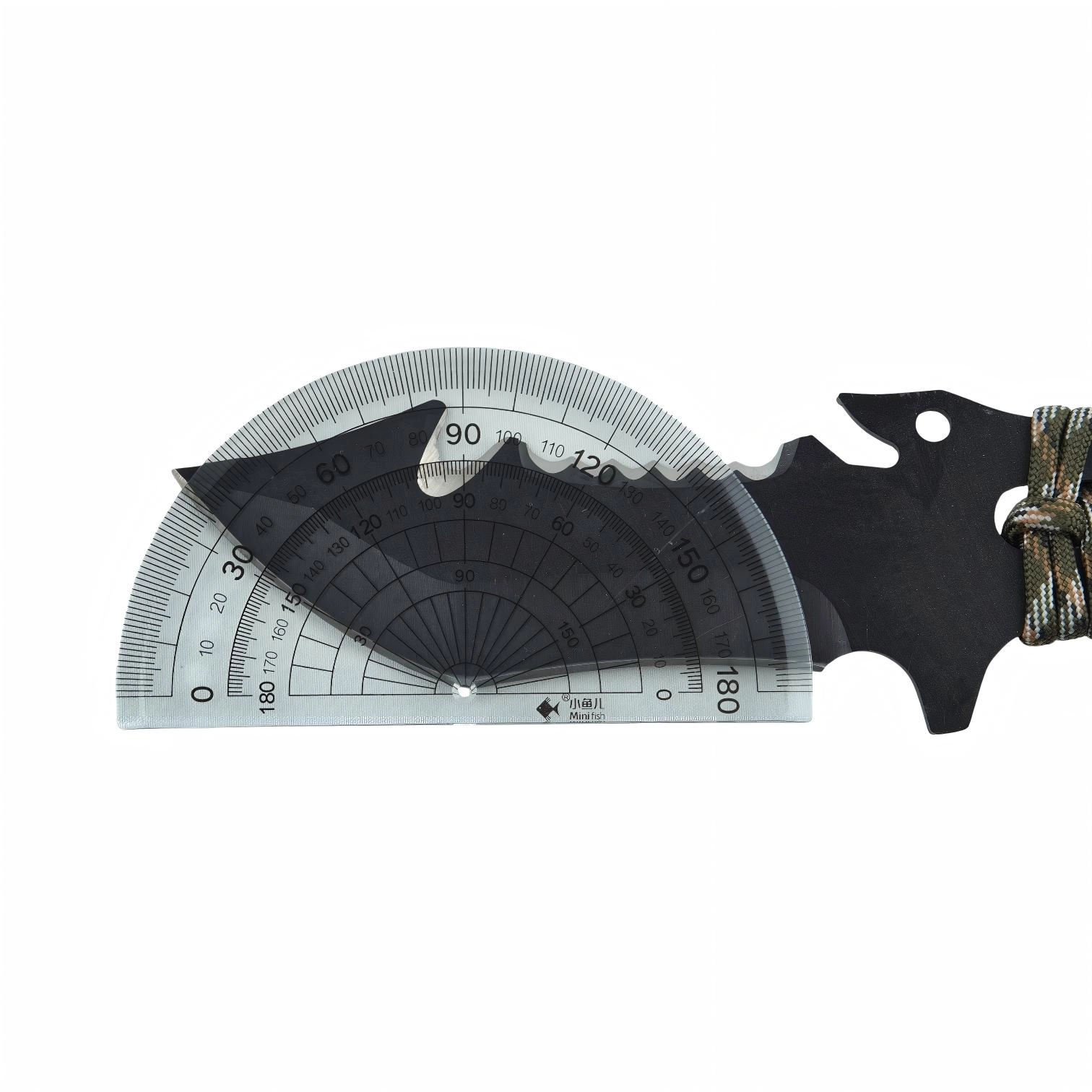 Tactical fixed blade tanto knife with protractor blade angle measurement isolated on white background. SKU: KL-OD-TI-007