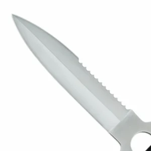 Close-up of the satin-finished military dagger-style blade with a serrated spine on a tactical fixed blade knife, isolated on white background. KL-OD-SS-021