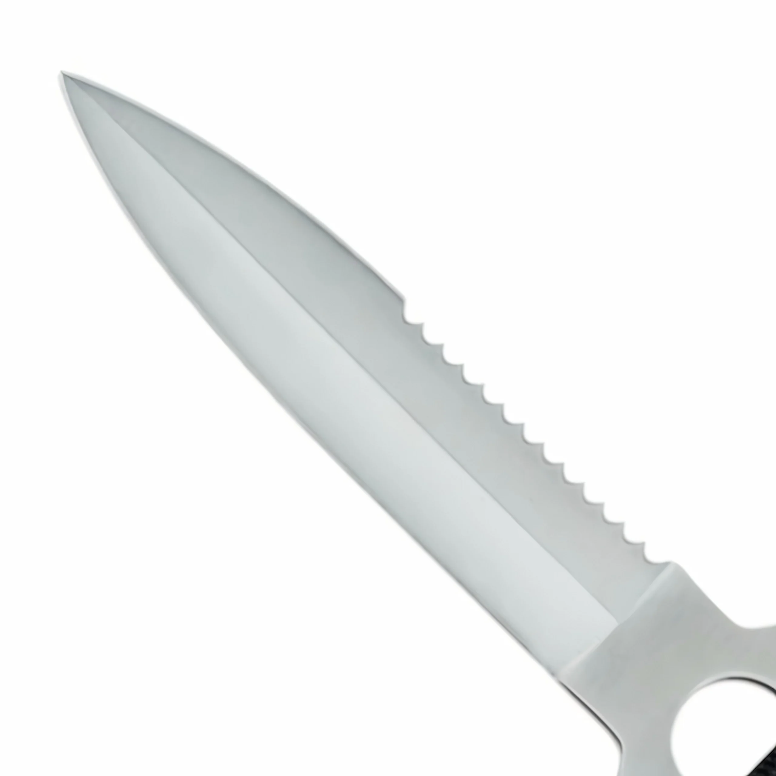 Close-up of the satin-finished military dagger-style blade with a serrated spine on a tactical fixed blade knife, isolated on white background. KL-OD-SS-021