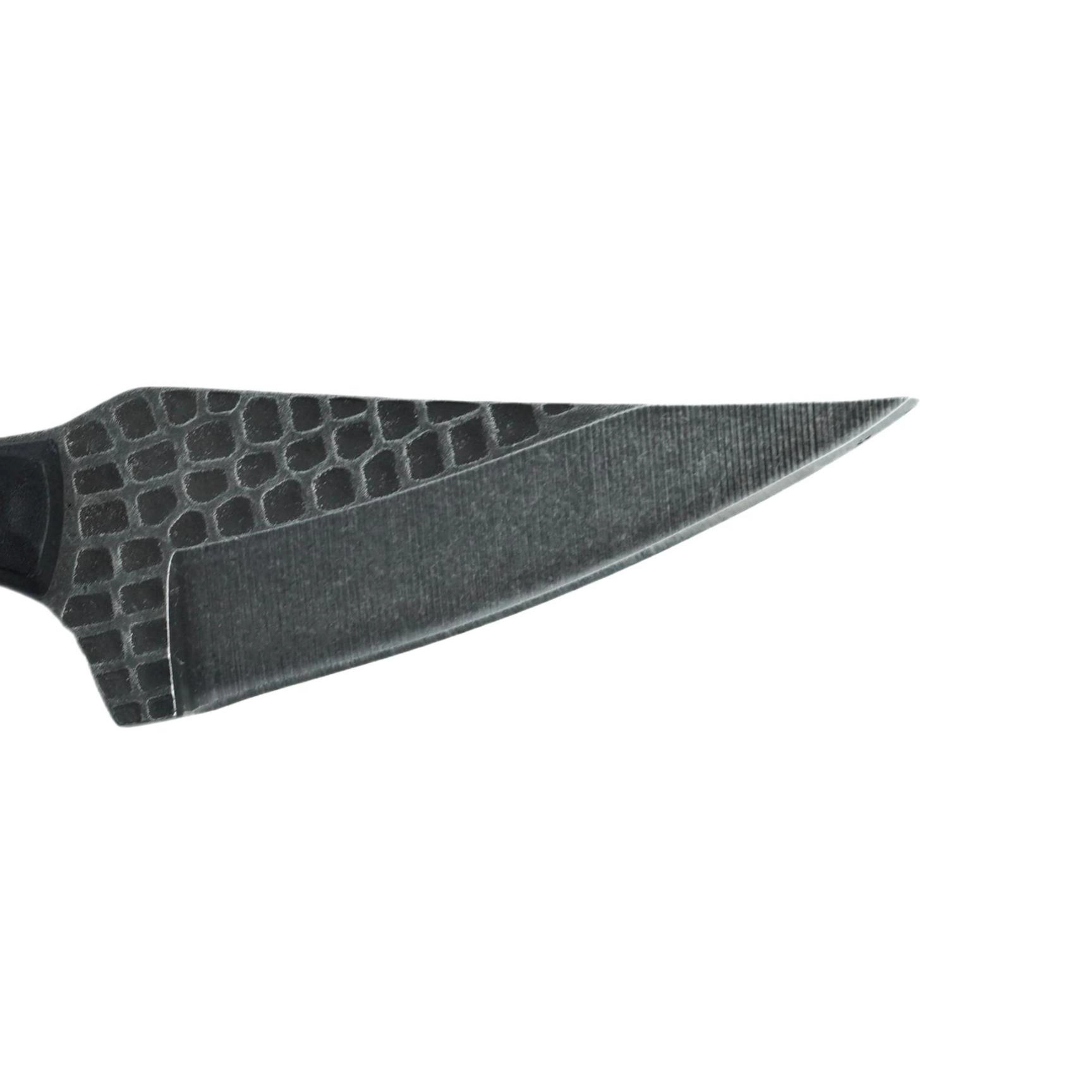 Close-up of the blackwash finished blade with a laser-etched honeycomb pattern on a tactical fixed blade EDC knife, isolated on white background. KL-OD-SS-026