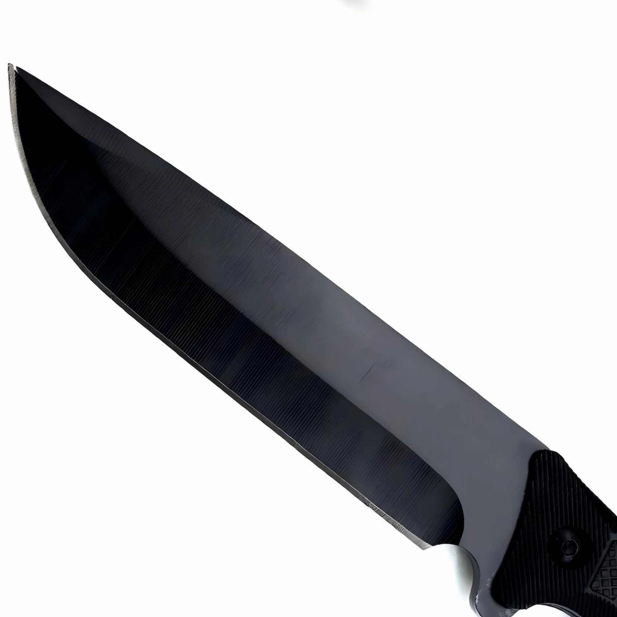 Close-up of tactical fixed blade knife black PVD coated steel blade, isolated on white background. KL-OD-TI-018