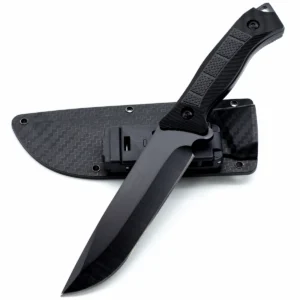 Full black tactical fixed blade knife crossed over its carbon fiber pattern sheath, isolated on white background. KL-OD-TI-018