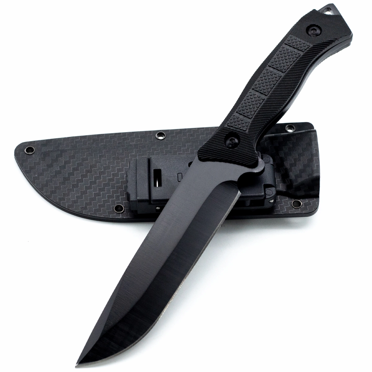 Full black tactical fixed blade knife crossed over its carbon fiber pattern sheath, isolated on white background. KL-OD-TI-018