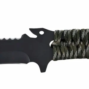 Close-up of tactical fixed blade knife finger guard and thumb jimping isolated on white background. SKU: KL-OD-TI-007