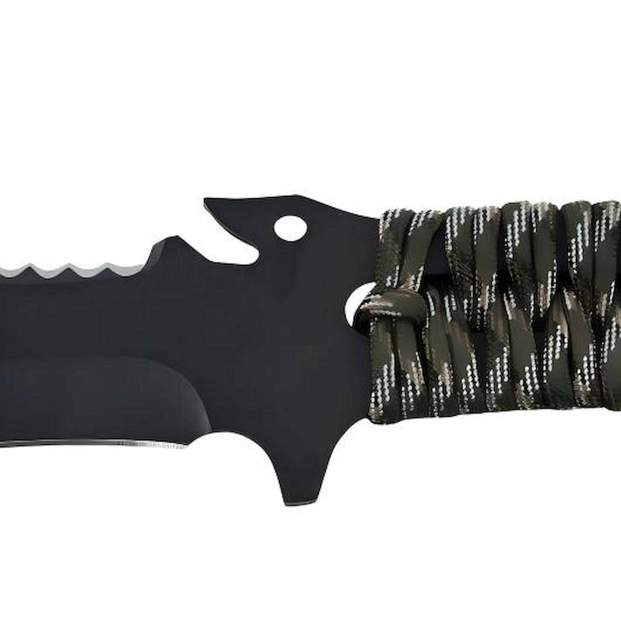 Close-up of tactical fixed blade knife finger guard and thumb jimping isolated on white background. SKU: KL-OD-TI-007