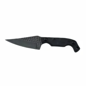 Profile view of a tactical fixed blade EDC knife with a laser-etched honeycomb pattern on the blackwash blade and textured black G10 handle, isolated on white background. KL-OD-SS-026