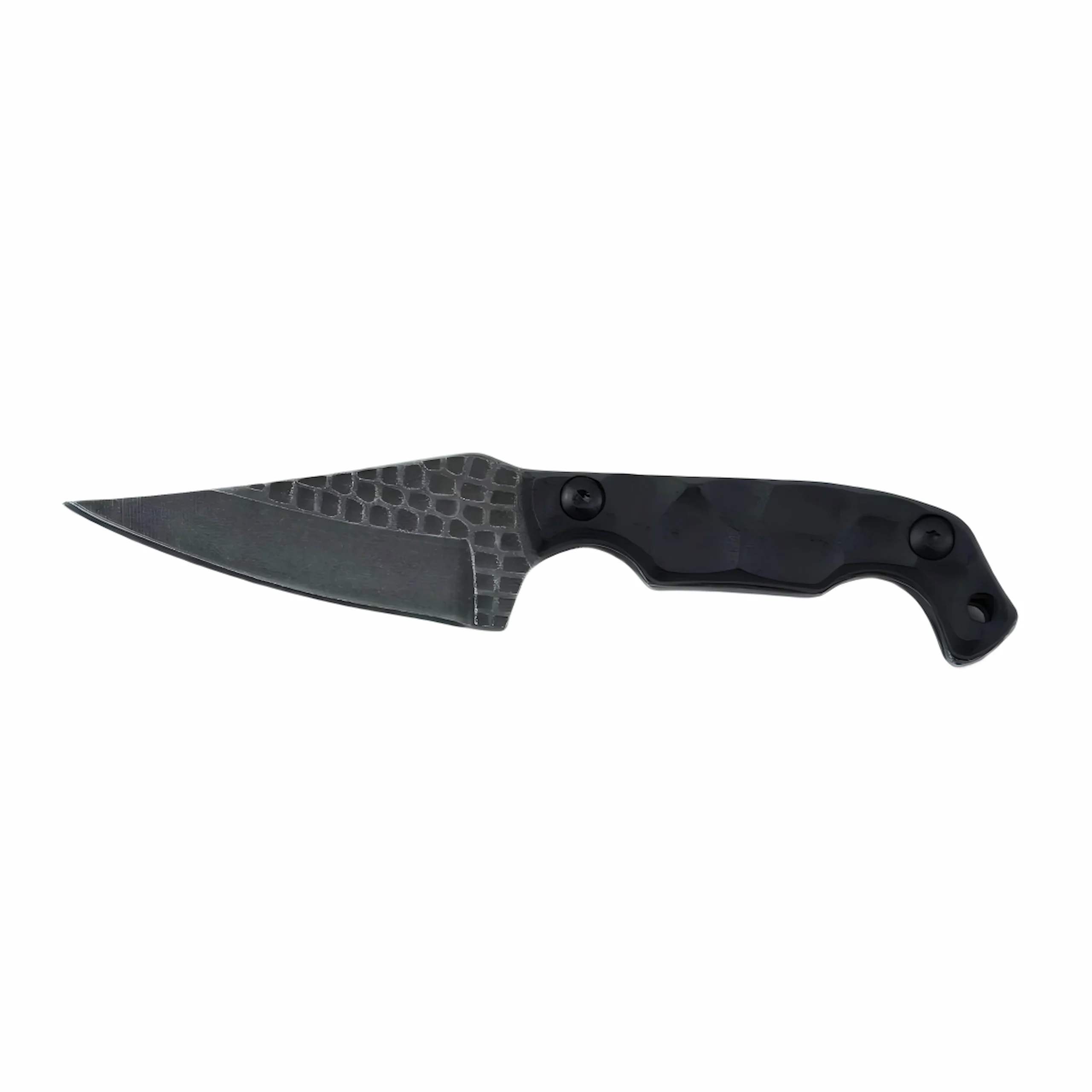 Profile view of a tactical fixed blade EDC knife with a laser-etched honeycomb pattern on the blackwash blade and textured black G10 handle, isolated on white background. KL-OD-SS-026