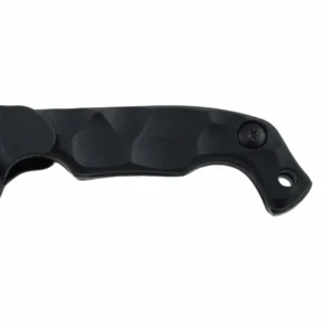 Close-up view of the sculpted and textured black G10 handle with an integrated lanyard hole on a tactical fixed blade EDC knife, isolated on white background. KL-OD-SS-026