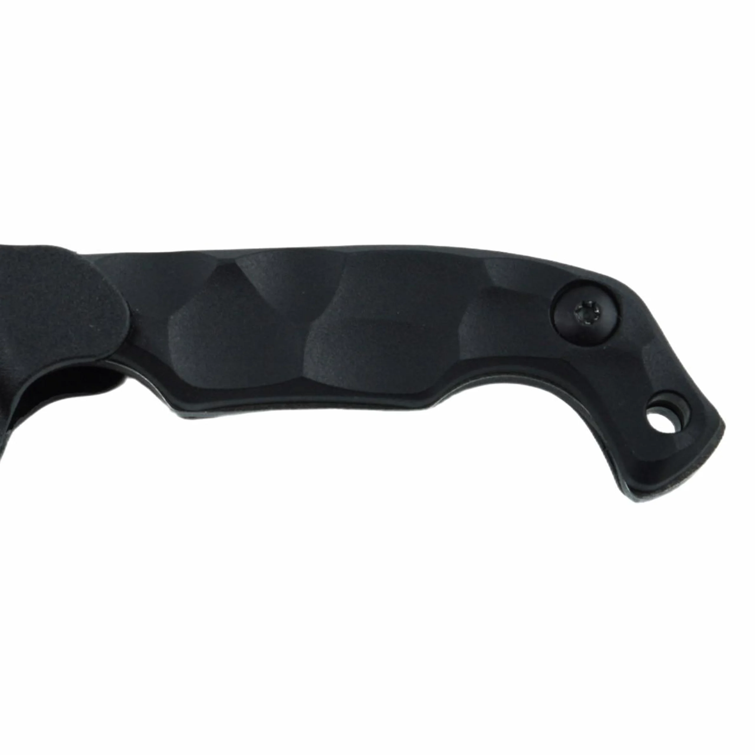 Close-up view of the sculpted and textured black G10 handle with an integrated lanyard hole on a tactical fixed blade EDC knife, isolated on white background. KL-OD-SS-026