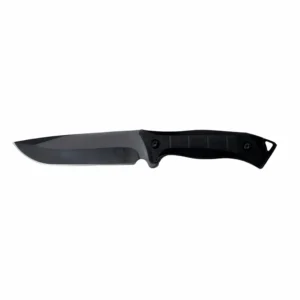Full black tactical fixed blade knife with textured G10 handle, isolated on white background. KL-OD-TI-018