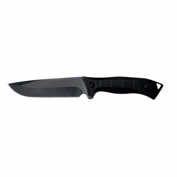 Full black tactical fixed blade knife with textured G10 handle, isolated on white background. KL-OD-TI-018