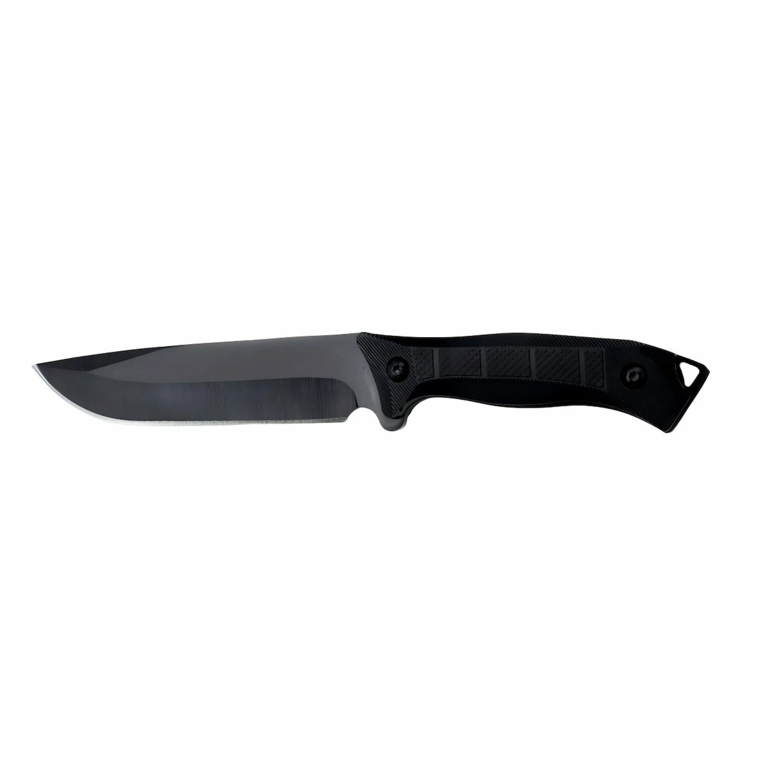 Full black tactical fixed blade knife with textured G10 handle, isolated on white background. KL-OD-TI-018