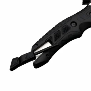Close-up view of the tactical fixed blade knife pommel end showing an integrated survival accessory or tool being detached from the black polymer handle, isolated on white background. KL-OD-SS-024