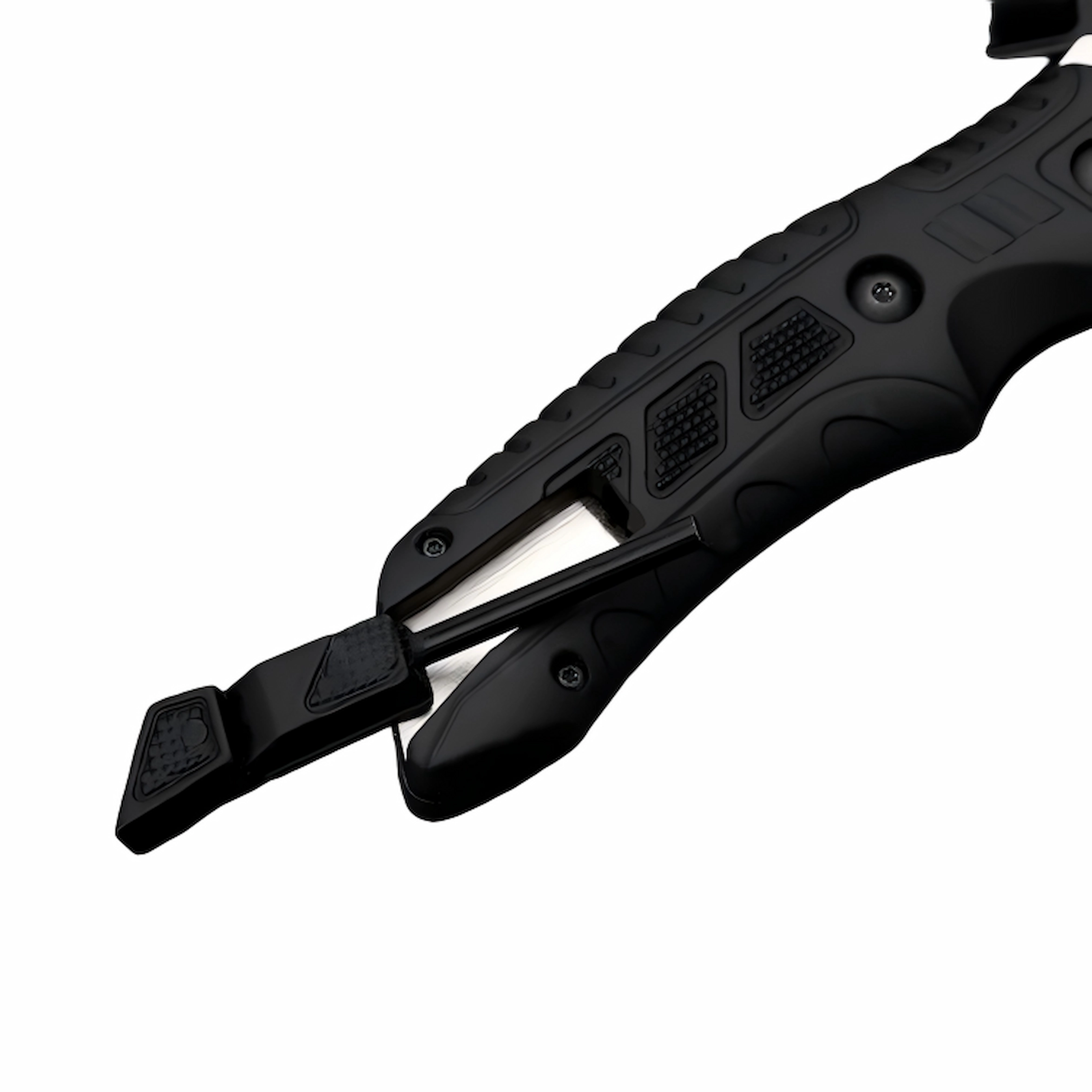 Close-up view of the tactical fixed blade knife pommel end showing an integrated survival accessory or tool being detached from the black polymer handle, isolated on white background. KL-OD-SS-024