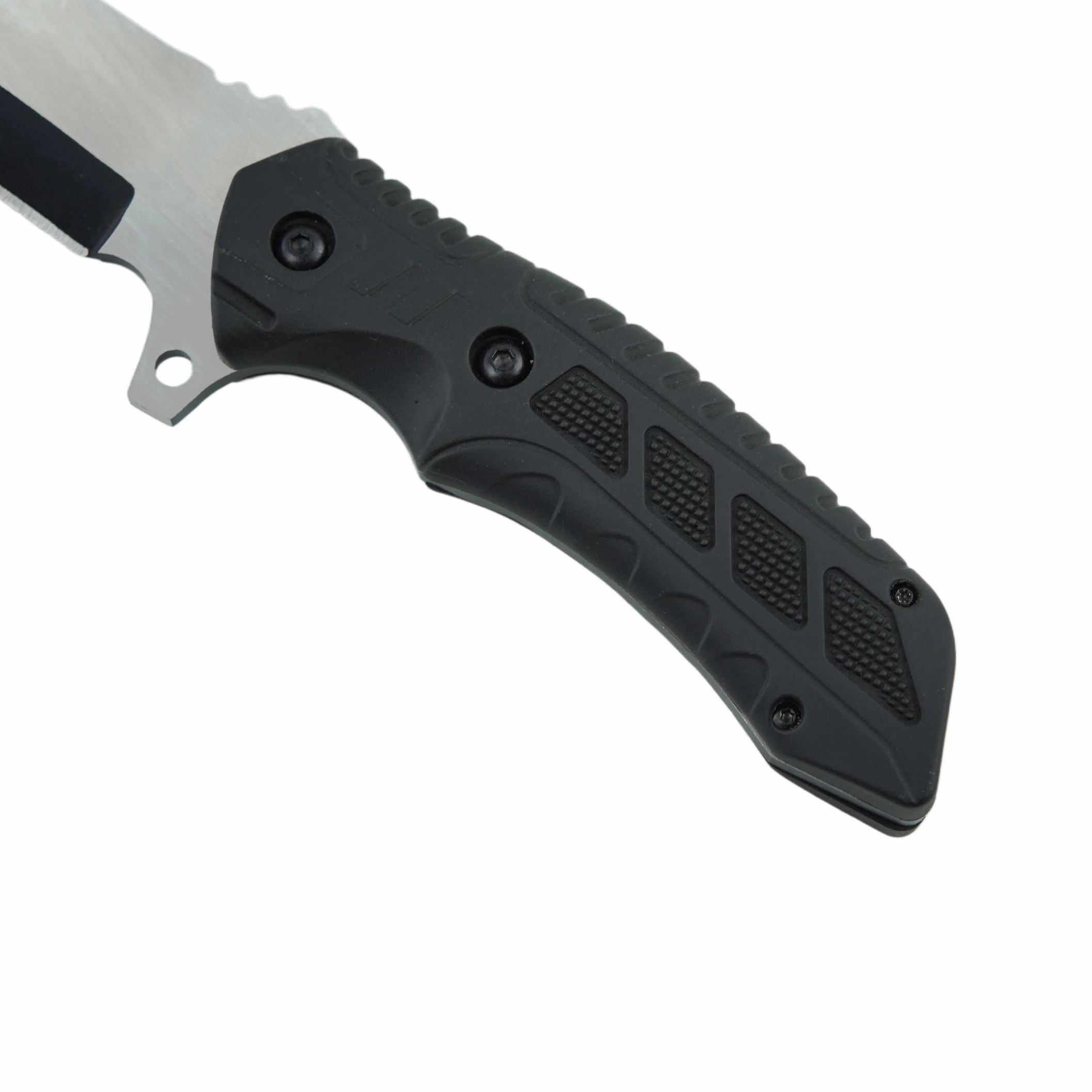 Close-up view of the ergonomic textured black polymer handle scales with crosshatch panels on a tactical fixed blade outdoor knife, isolated on white background. KL-OD-SS-024