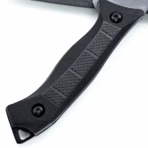 Close-up of tactical fixed blade knife black checkered G10 handle with lanyard hole, isolated on white background. KL-OD-TI-018