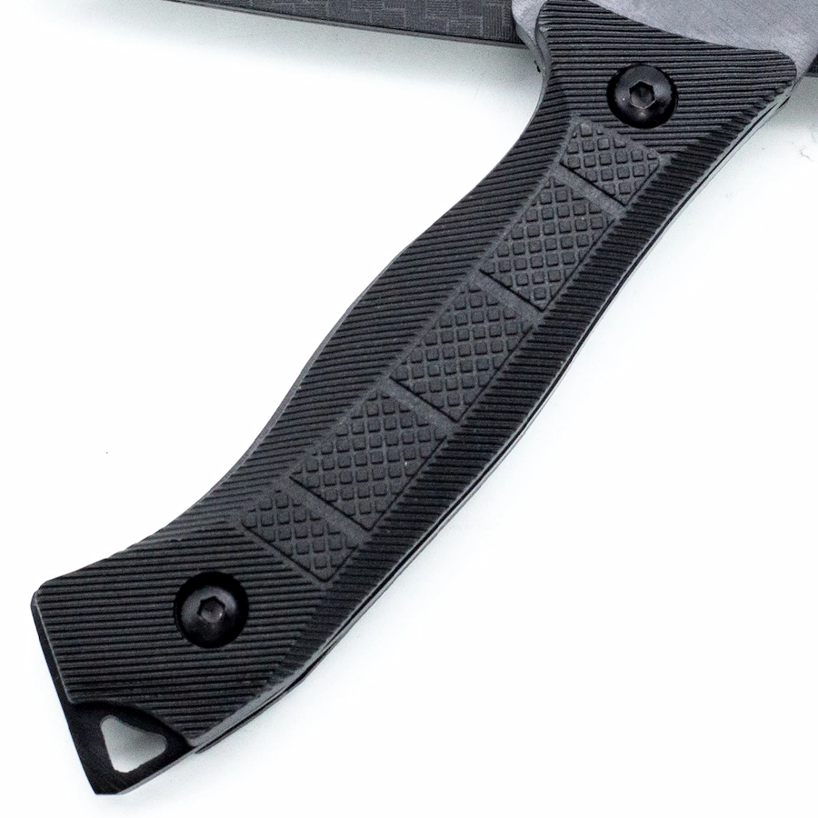 Close-up of tactical fixed blade knife black checkered G10 handle with lanyard hole, isolated on white background. KL-OD-TI-018
