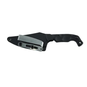 Profile view of a tactical fixed blade EDC knife secured inside its custom-molded black Kydex sheath with an adjustable metal belt clip, isolated on white background. KL-OD-SS-026