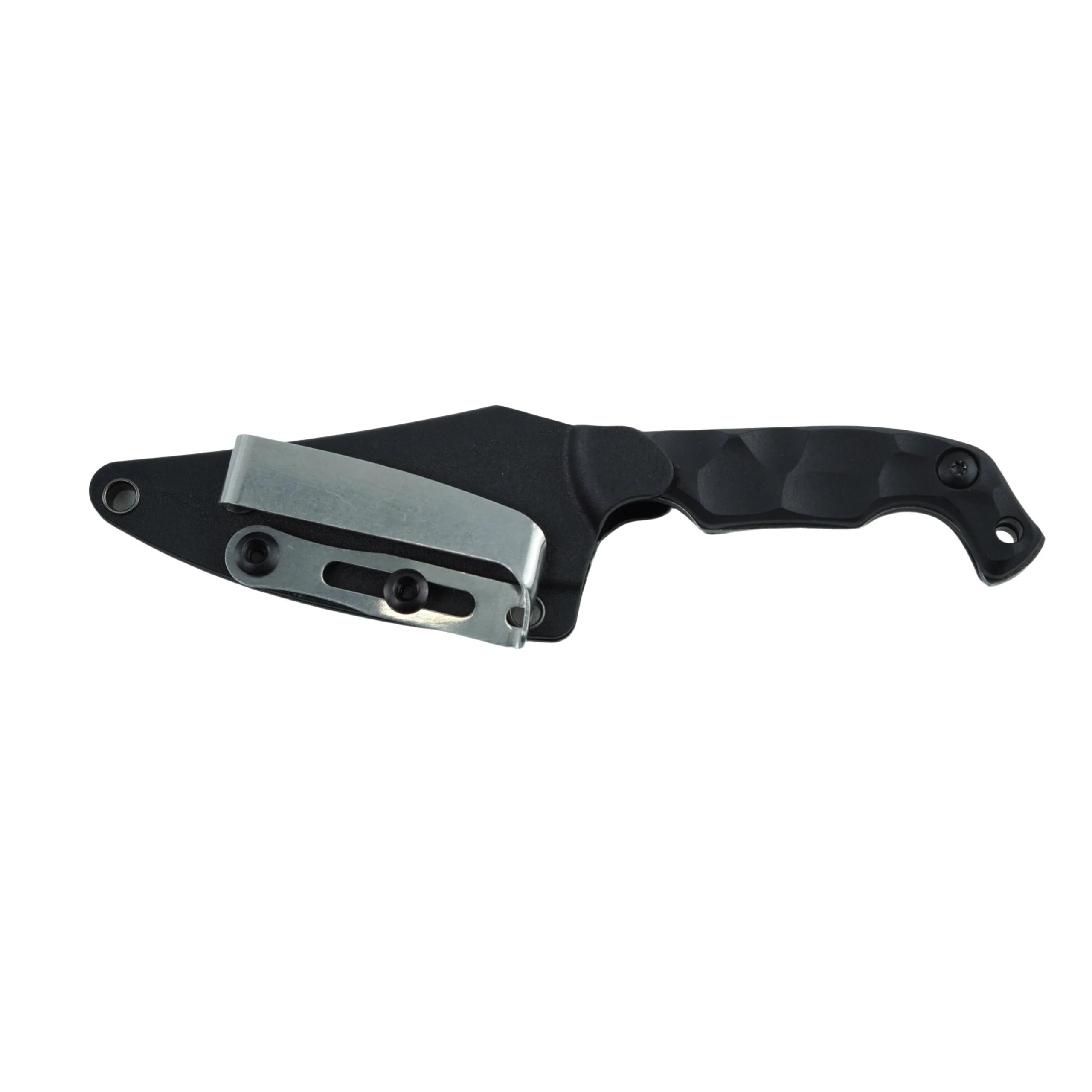 Profile view of a tactical fixed blade EDC knife secured inside its custom-molded black Kydex sheath with an adjustable metal belt clip, isolated on white background. KL-OD-SS-026