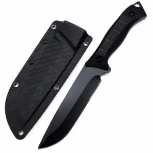 Full black tactical fixed blade knife with checkered G10 handle and carbon fiber pattern Kydex sheath, isolated on white background. KL-OD-TI-018
