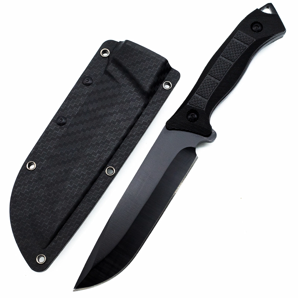Full black tactical fixed blade knife with checkered G10 handle and carbon fiber pattern Kydex sheath, isolated on white background. KL-OD-TI-018