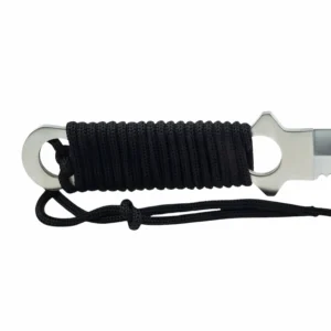 Close-up view of the heavy-duty black paracord wrapped handle and dual finger ring guard on a tactical fixed blade knife, isolated on white background. KL-OD-SS-021