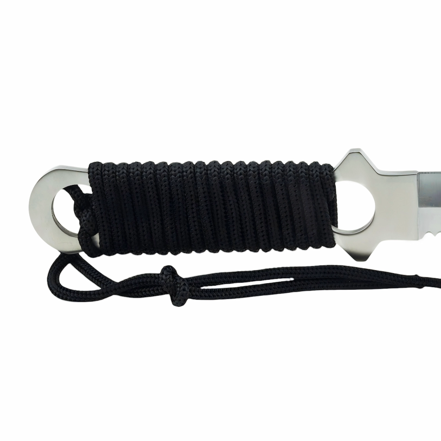 Close-up view of the heavy-duty black paracord wrapped handle and dual finger ring guard on a tactical fixed blade knife, isolated on white background. KL-OD-SS-021