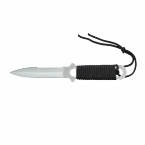 Profile view of tactical fixed blade knife with a black paracord wrapped handle and dual finger ring guard, isolated on white background. KL-OD-SS-021
