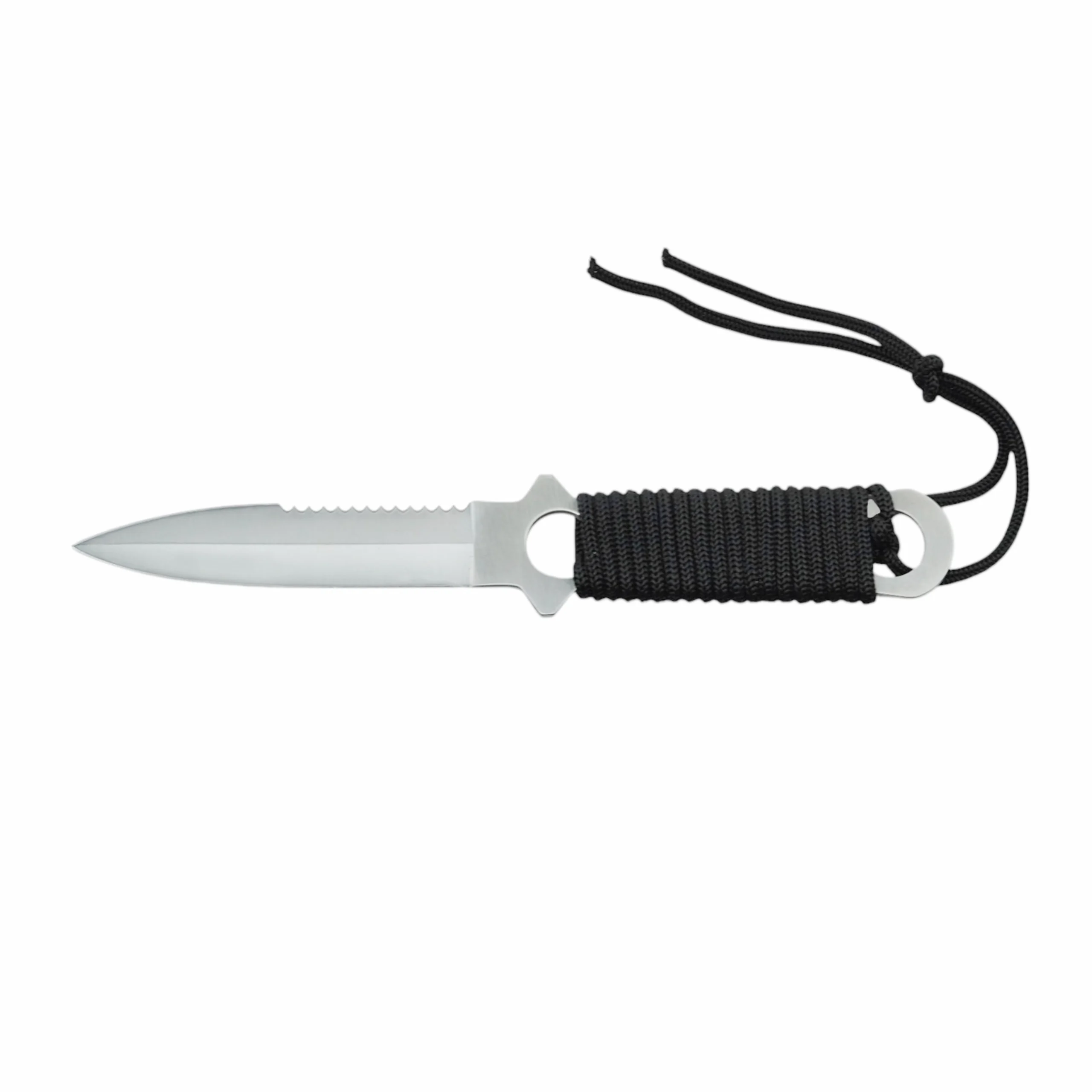 Profile view of tactical fixed blade knife with a black paracord wrapped handle and dual finger ring guard, isolated on white background. KL-OD-SS-021