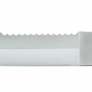 Extreme close-up of the aggressive spine serrations on a tactical fixed blade knife blade, isolated on white background. KL-OD-SS-021