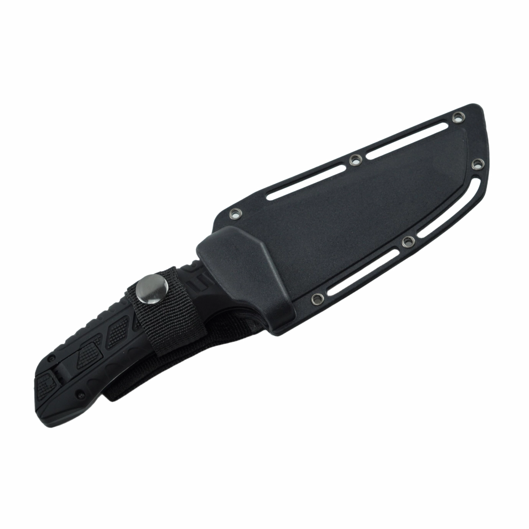 Angled view of a tactical fixed blade outdoor knife secured inside its molded black hard sheath with a buttoned nylon strap system, isolated on white background. KL-OD-SS-024